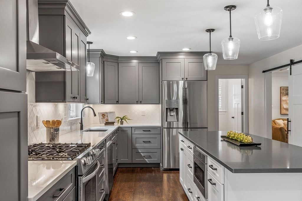 Interior, Kitchen, Pendant Lights, Recessed Lighting, Stainless Steel Appliances, Wood Texture Flooring