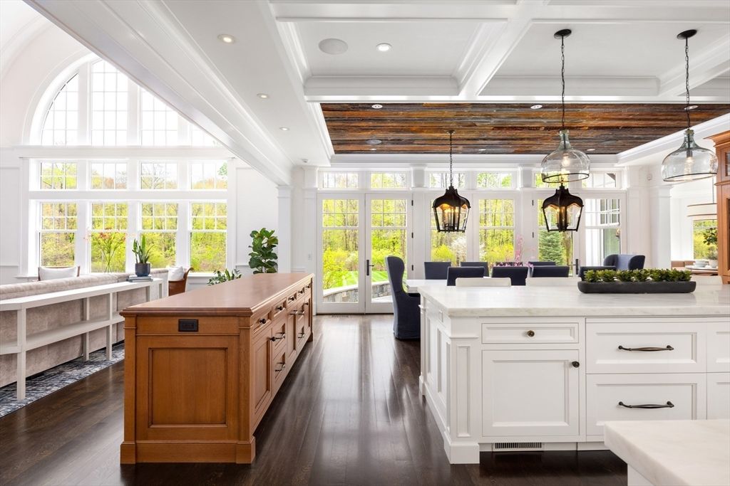 Dining room, Interior, Pendant Lights, Recessed Lighting, Wooden Ceilings, Wood Texture Flooring