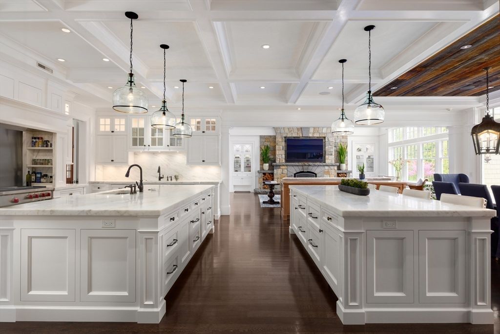 Fireplace, Interior, Kitchen, Living room, Pendant Lights, Recessed Lighting, Stainless Steel Appliances, Wood Texture Flooring