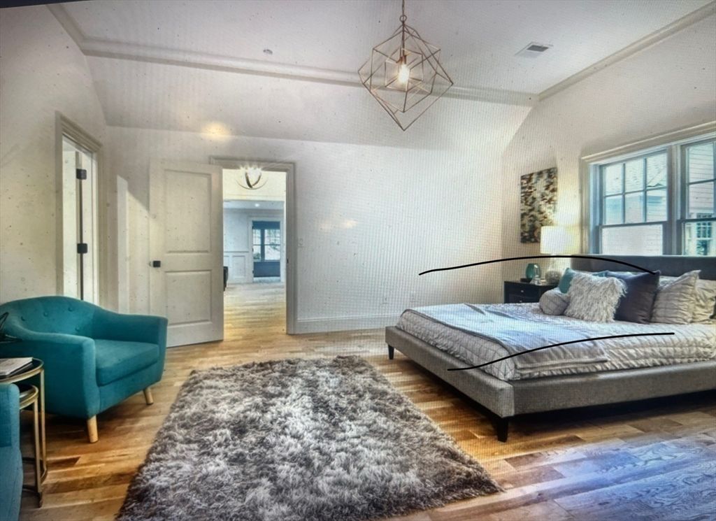 Bedroom, Chandelier, Interior, Pendant Lights, Wood Texture Flooring