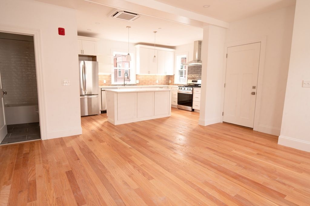 Interior, Kitchen, Pendant Lights, Stainless Steel Appliances, Wood Texture Flooring