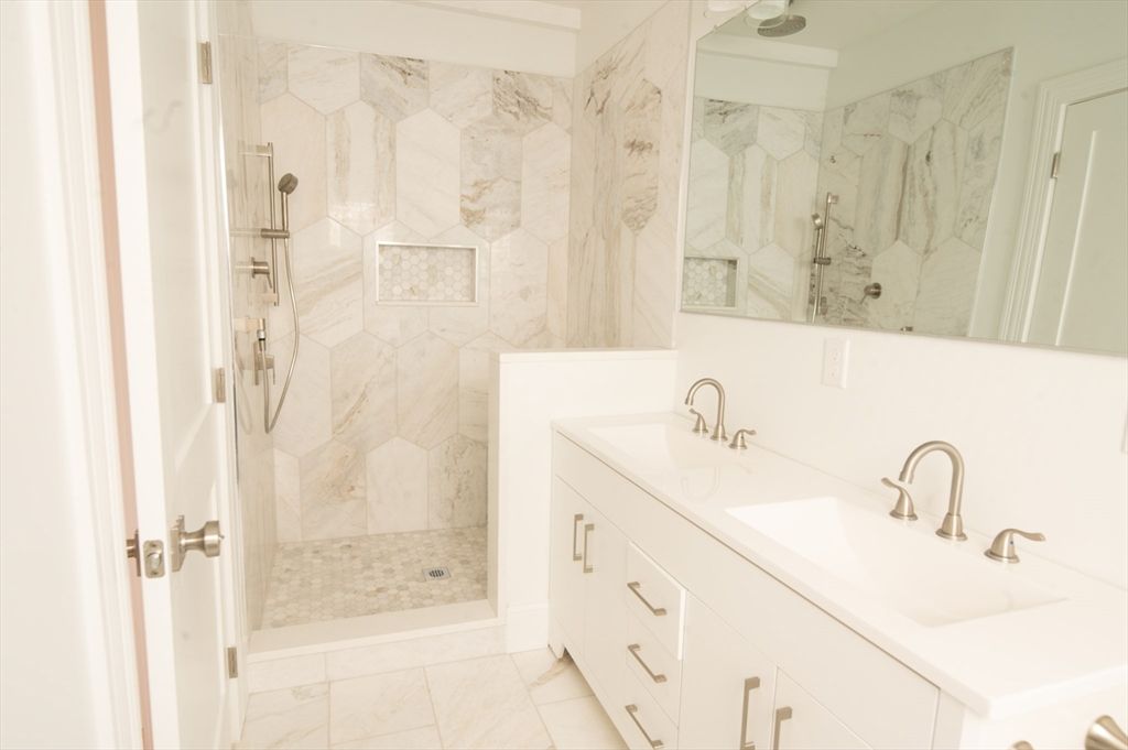 Bathroom, Dual Sink Vanities, Glass Shower, Interior, Marble, Marble Walls