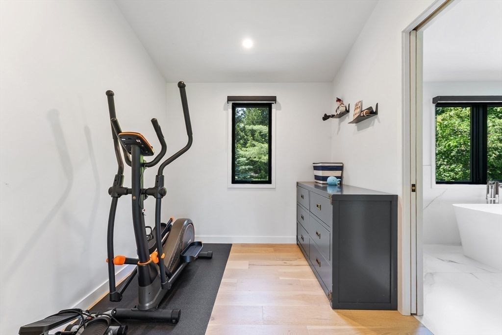 Bathroom, Fitness Equipment, Free Standing Baths, Interior, Recessed Lighting, Wood Texture Flooring