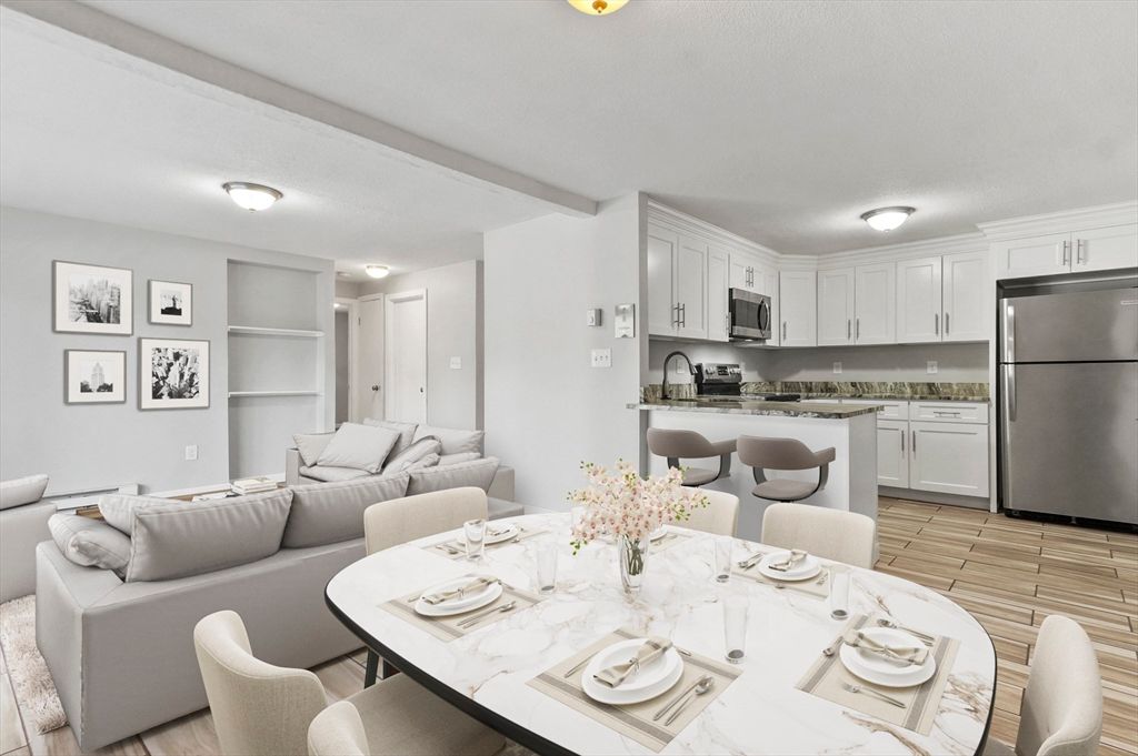 Dining room, Interior, Kitchen, Living room, Stainless Steel Appliances, Wood Texture Flooring