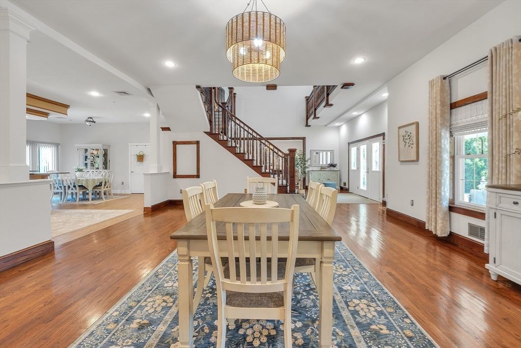 Dining room, Interior, Pendant Lights, Recessed Lighting, Wood Texture Flooring