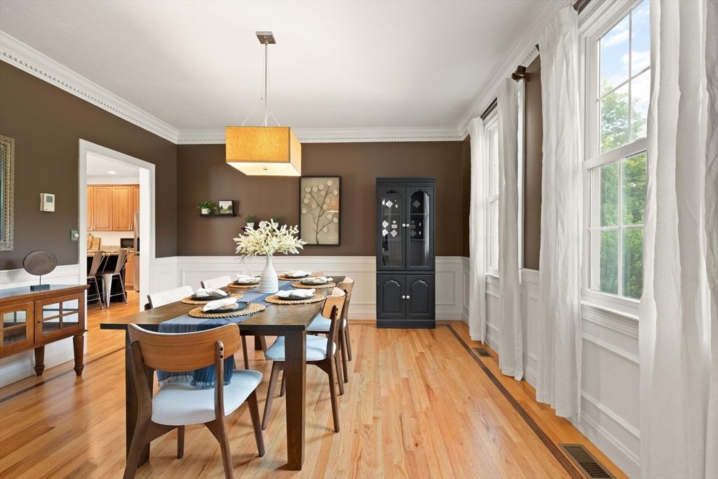 Dining room, Interior, Pendant Lights, Wood Texture Flooring