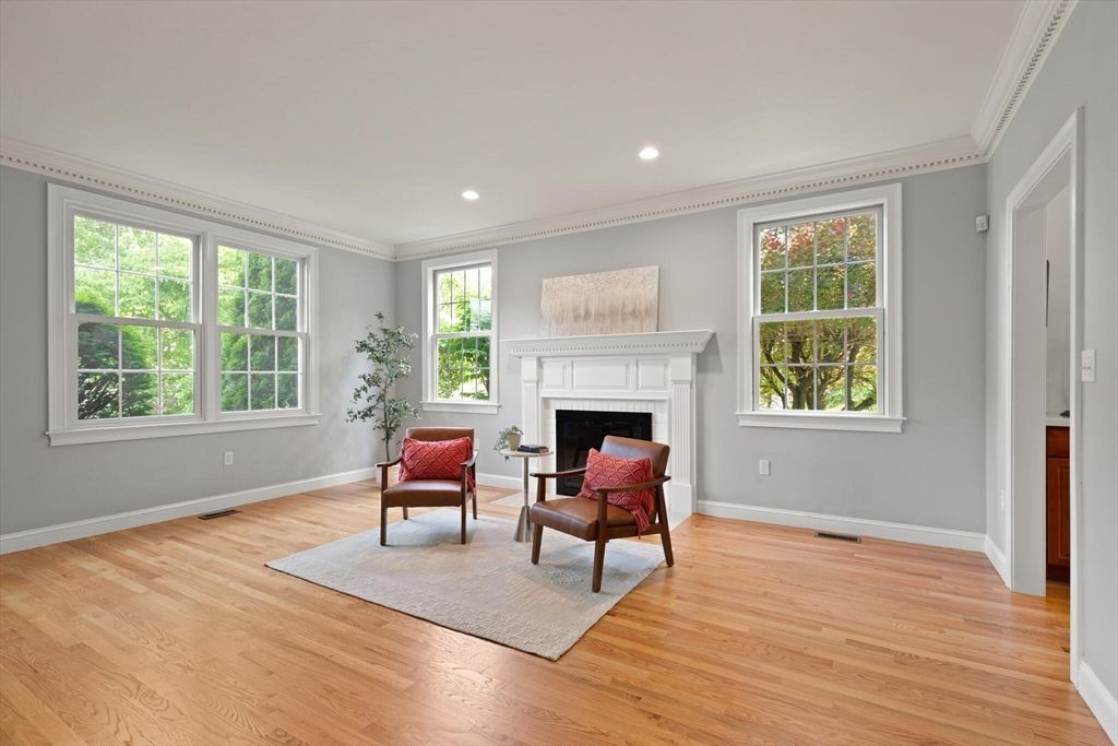 Fireplace, Interior, Living room, Recessed Lighting, Wood Texture Flooring