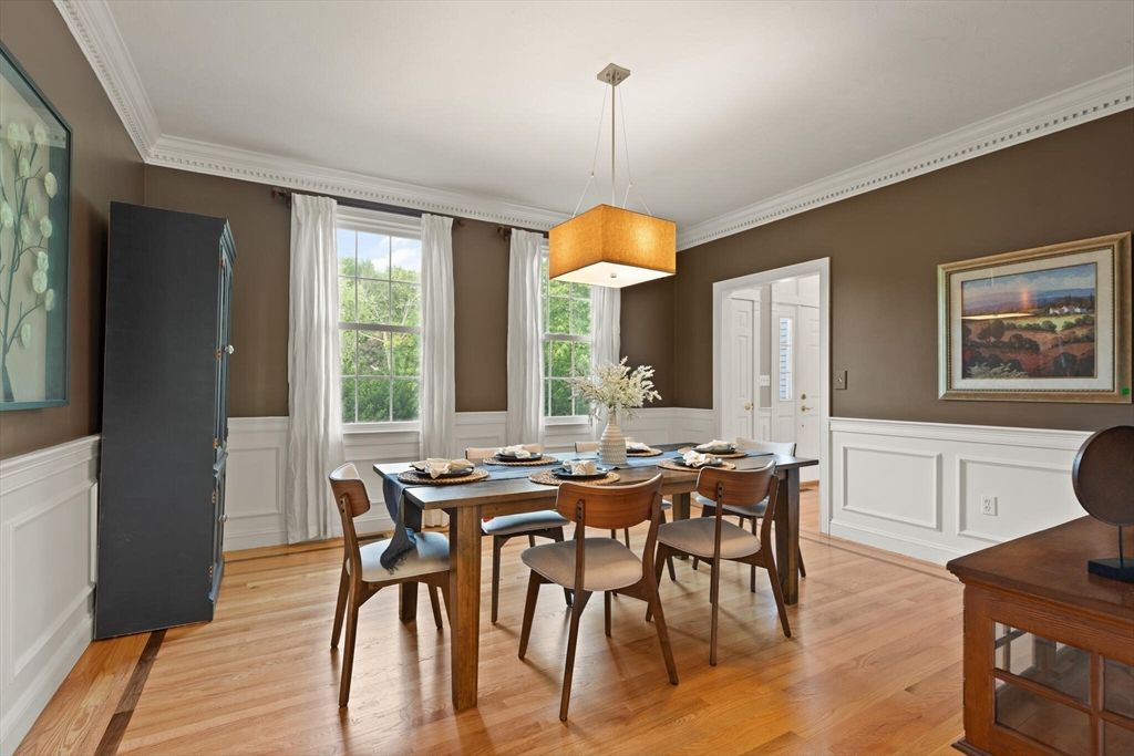 Dining room, Interior, Pendant Lights, Wood Texture Flooring