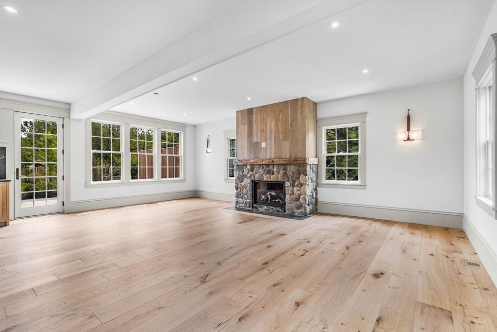 Empty room, Fireplace, Interior, Recessed Lighting, Wood Texture Flooring