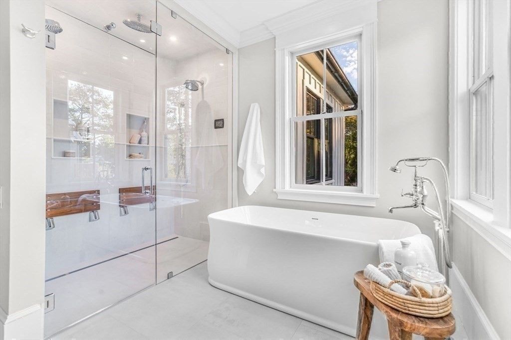 Bathroom, Free Standing Baths, Glass Shower, Interior, Recessed Lighting