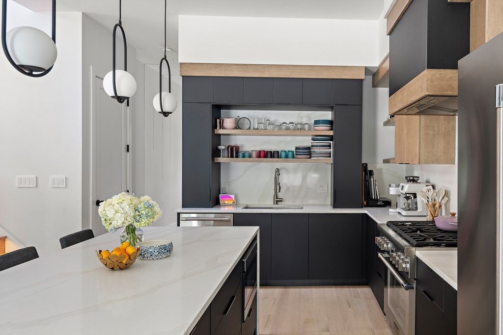 Interior, Kitchen, Pendant Lights, Stainless Steel Appliances, Wood Texture Flooring
