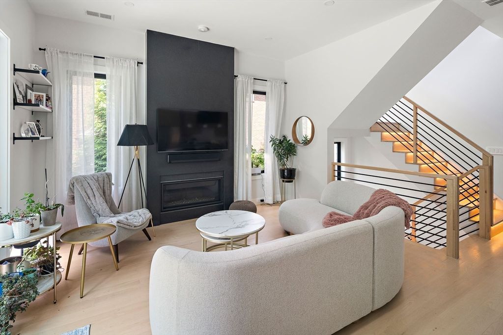 Fireplace, Interior, Living room, Recessed Lighting, Wood Texture Flooring