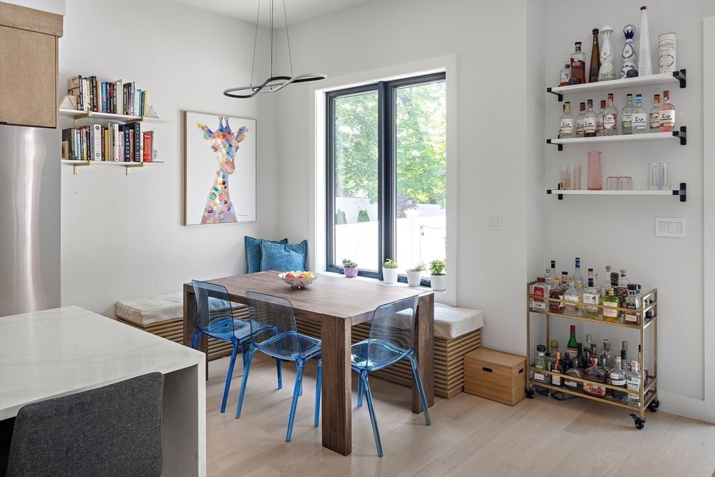 Dining room, Interior, Pendant Lights, Wood Texture Flooring