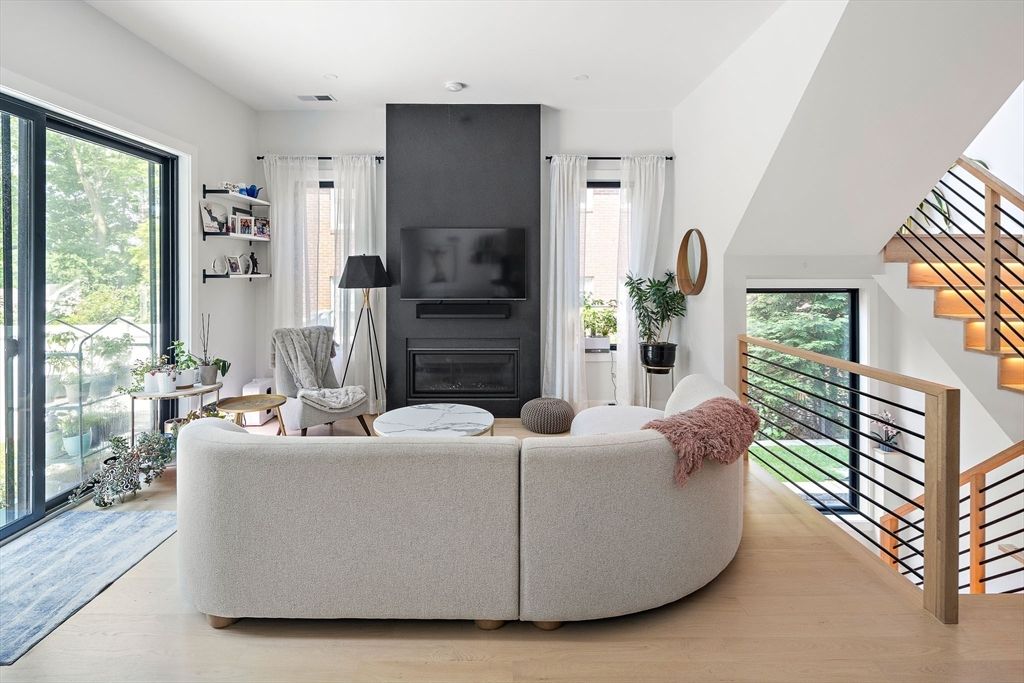 Fireplace, Interior, Living room, Recessed Lighting, Wood Texture Flooring