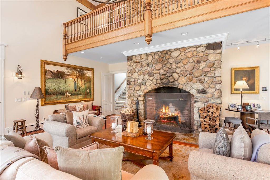 Fireplace, Interior, Living room, Recessed Lighting, Stone Walls