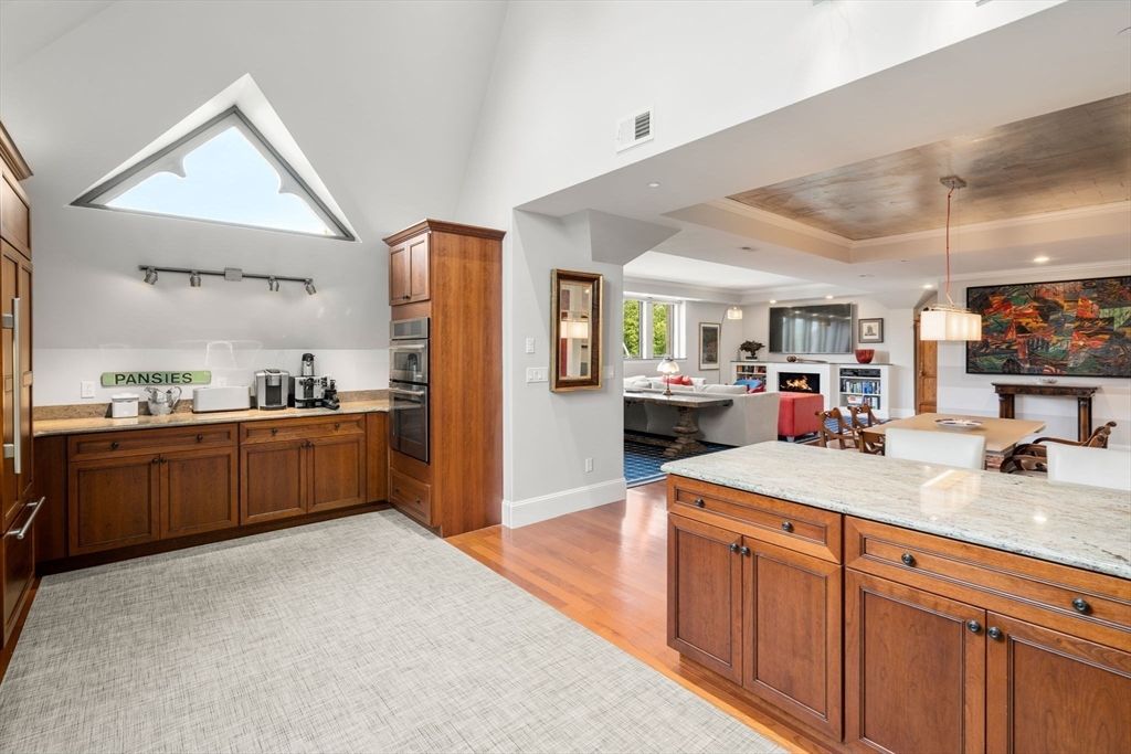 Dining room, Interior, Kitchen, Living room, Pendant Lights, Recessed Lighting, Stainless Steel Appliances, Wooden Ceilings, Wood Texture Flooring