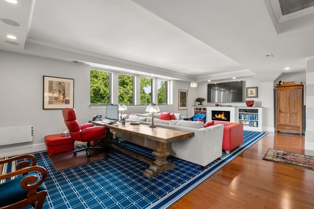 Fireplace, Interior, Living room, Recessed Lighting, Wood Texture Flooring
