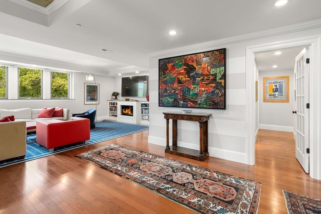 Fireplace, Interior, Living room, Pendant Lights, Recessed Lighting, Wood Texture Flooring