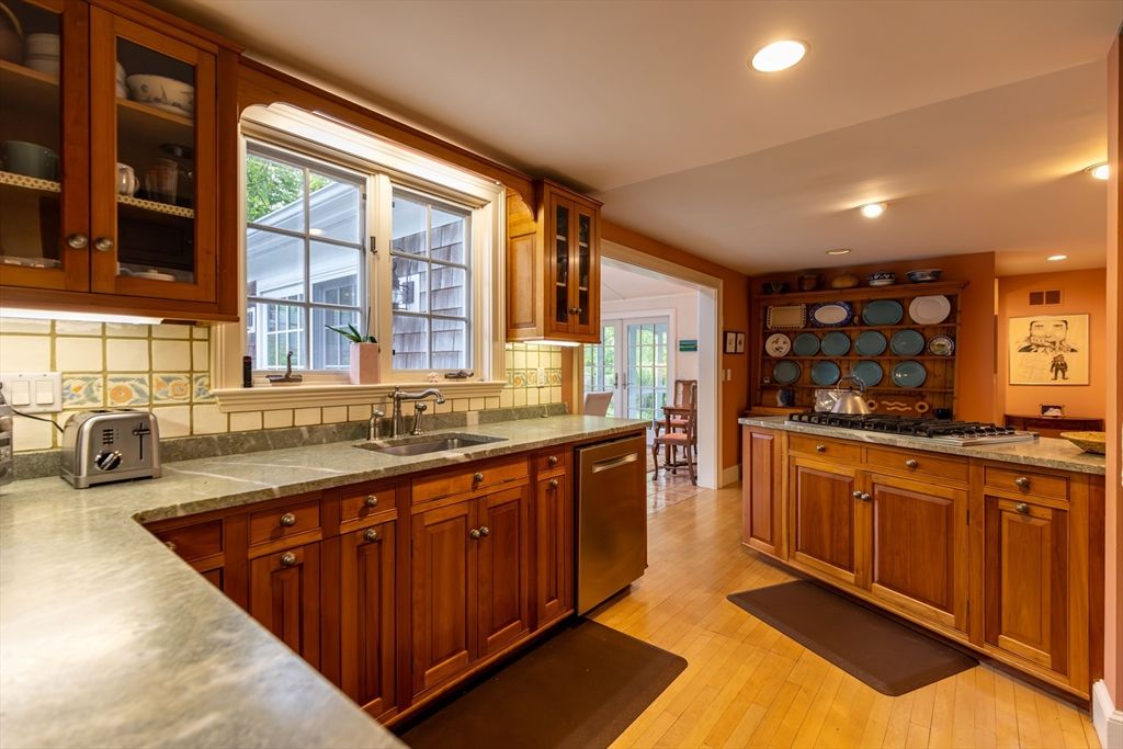 Interior, Kitchen, Recessed Lighting, Tile Countertops, Wood Texture Flooring