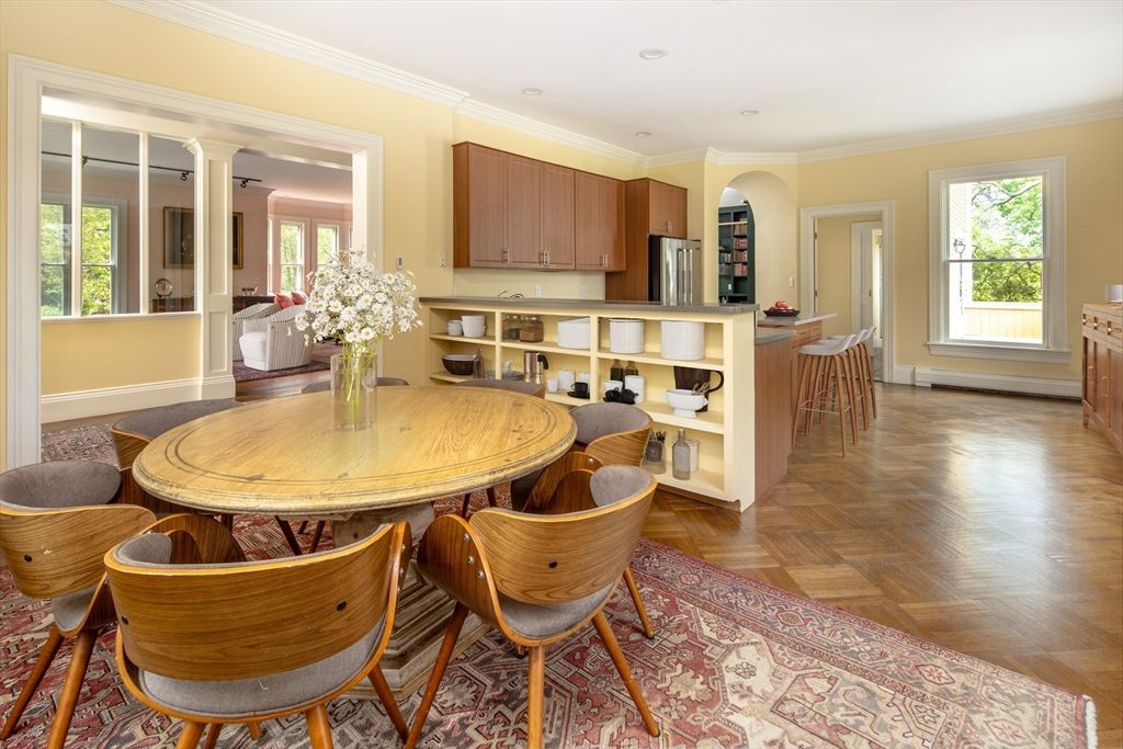 Dining room, Interior, Kitchen, Recessed Lighting, Stainless Steel Appliances, Wood Texture Flooring