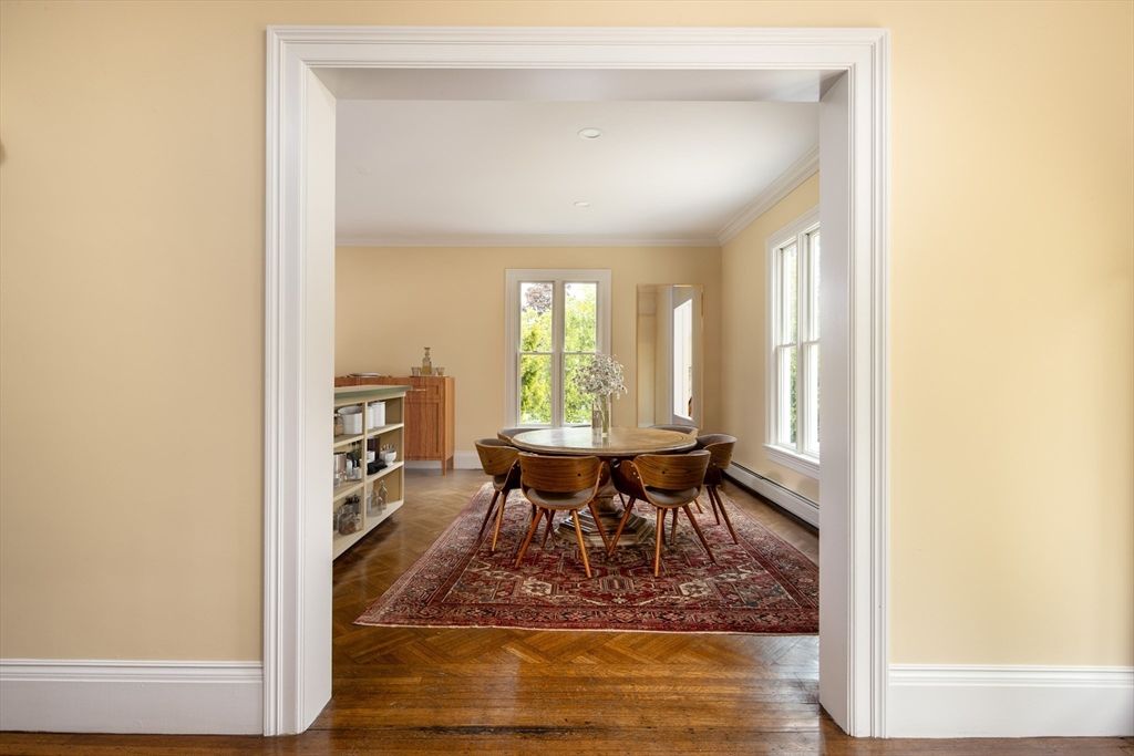 Dining room, Interior, Recessed Lighting, Wood Texture Flooring