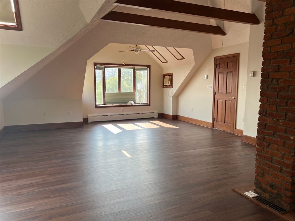 Empty room, Fireplace, Interior, Stone Walls, Wooden Beams, Wood Texture Flooring