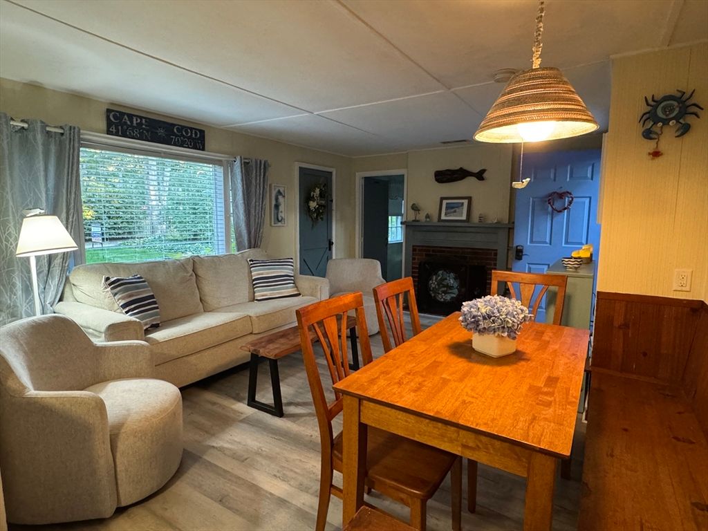 Dining room, Fireplace, Interior, Living room, Wood Texture Flooring