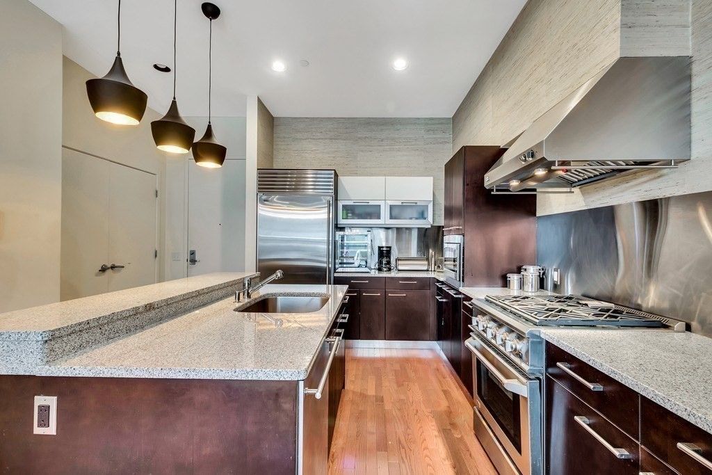 Interior, Kitchen, Pendant Lights, Recessed Lighting, Stainless Steel Appliances, Wood Texture Flooring