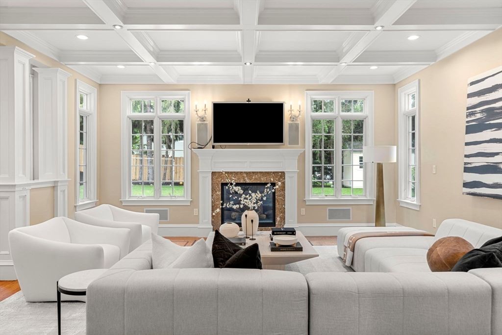 Fireplace, Interior, Living room, Recessed Lighting, Wood Texture Flooring
