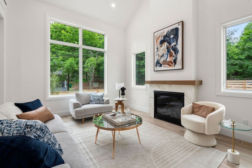 Fireplace, Interior, Living room, Recessed Lighting, Wood Texture Flooring