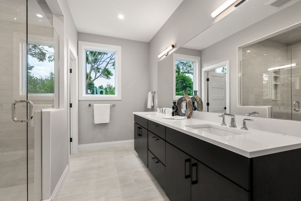 Bathroom, Dual Sink Vanities, Glass Shower, Interior, Recessed Lighting