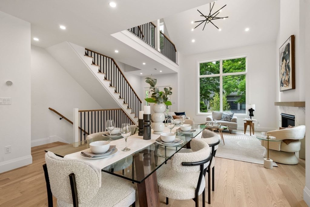 Dining room, Fireplace, Interior, Living room, Pendant Lights, Recessed Lighting, Wood Texture Flooring