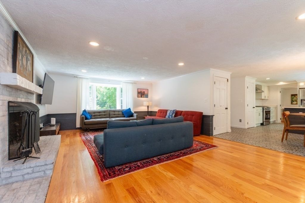 Dining room, Fireplace, Interior, Kitchen, Living room, Recessed Lighting, Wood Texture Flooring