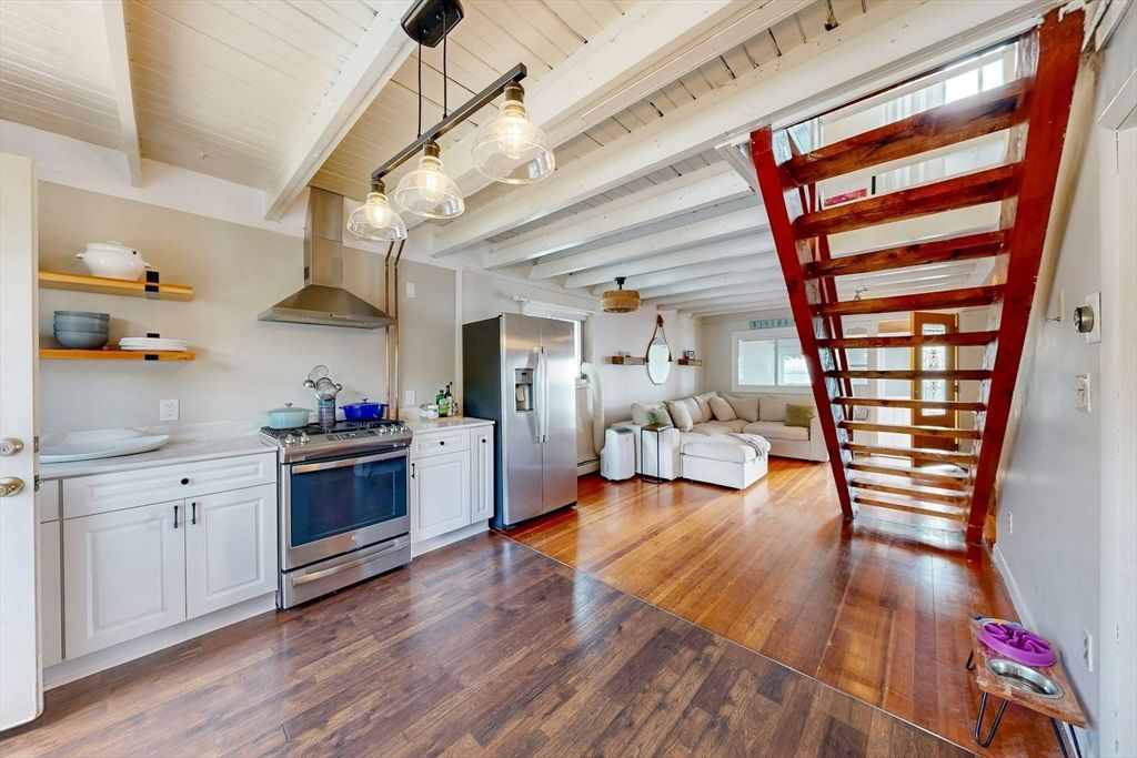 Interior, Kitchen, Pendant Lights, Stainless Steel Appliances, Wood Texture Flooring