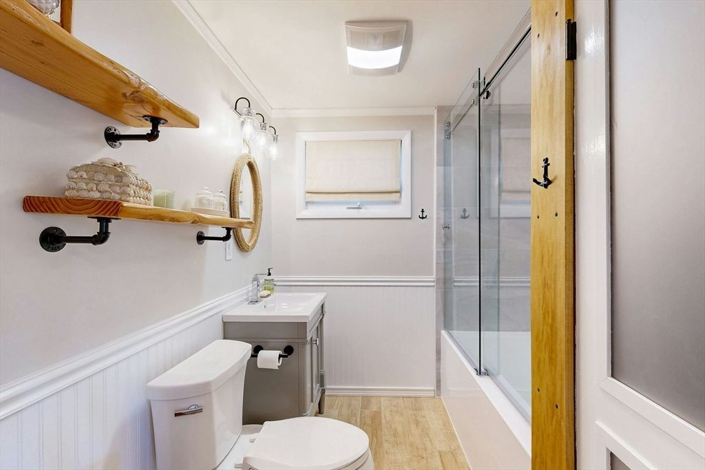 Bathroom, Glass Shower, Interior, Wood Texture Flooring