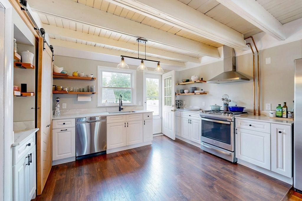 Interior, Kitchen, Pendant Lights, Stainless Steel Appliances, Wood Texture Flooring