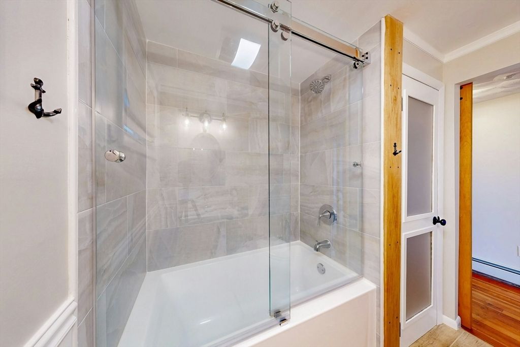 Bathroom, Glass Shower, Interior, Wood Texture Flooring