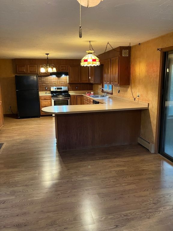Chandelier, Interior, Kitchen, Stainless Steel Appliances, Wood Texture Flooring