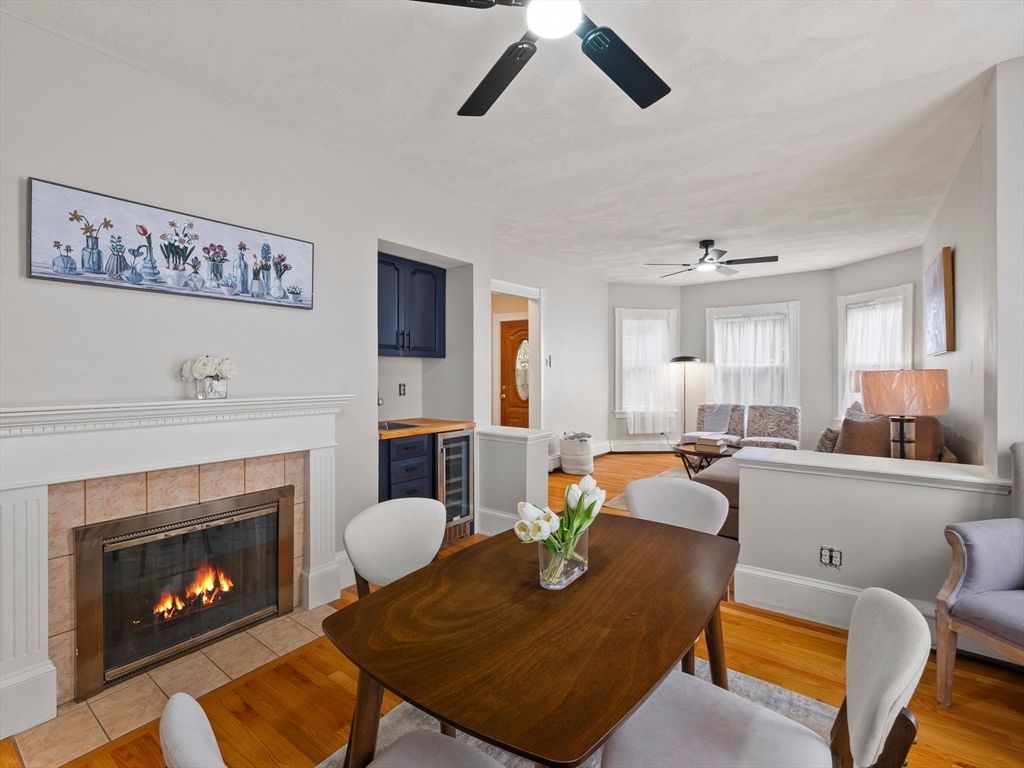 Dining room, Fireplace, Interior, Wood Texture Flooring