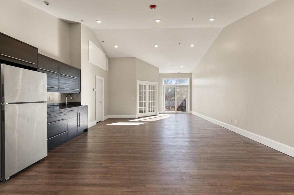 Empty room, Interior, Kitchen, Recessed Lighting, Wood Texture Flooring