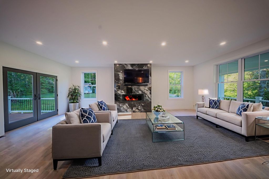 Fireplace, Interior, Living room, Recessed Lighting, Wood Texture Flooring