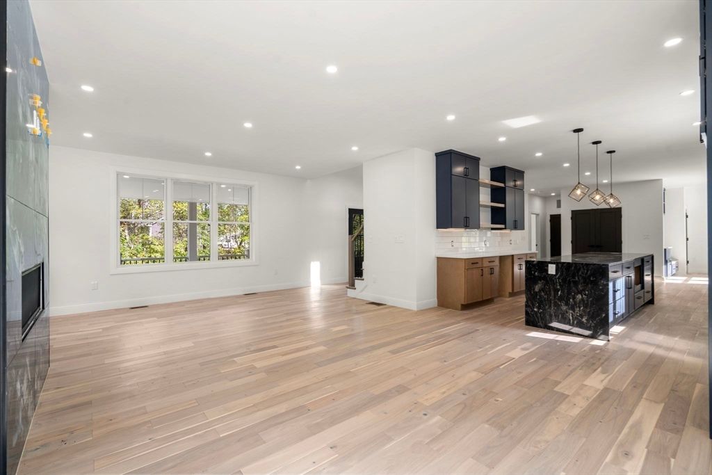 Empty room, Interior, Kitchen, Pendant Lights, Recessed Lighting, Wood Texture Flooring