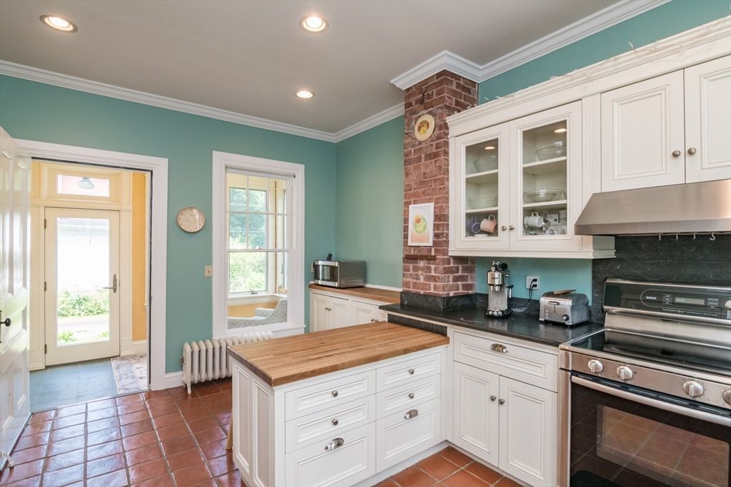 Interior, Kitchen, Recessed Lighting, Stainless Steel Appliances, Stone Walls