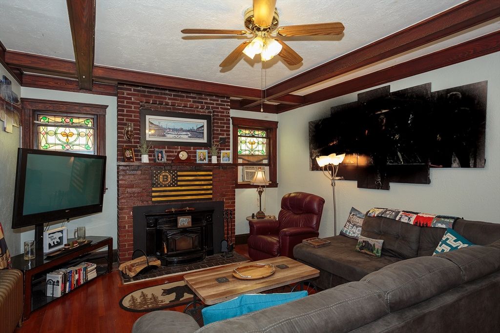 Fireplace, Interior, Living room, Stone Walls, Wood Texture Flooring