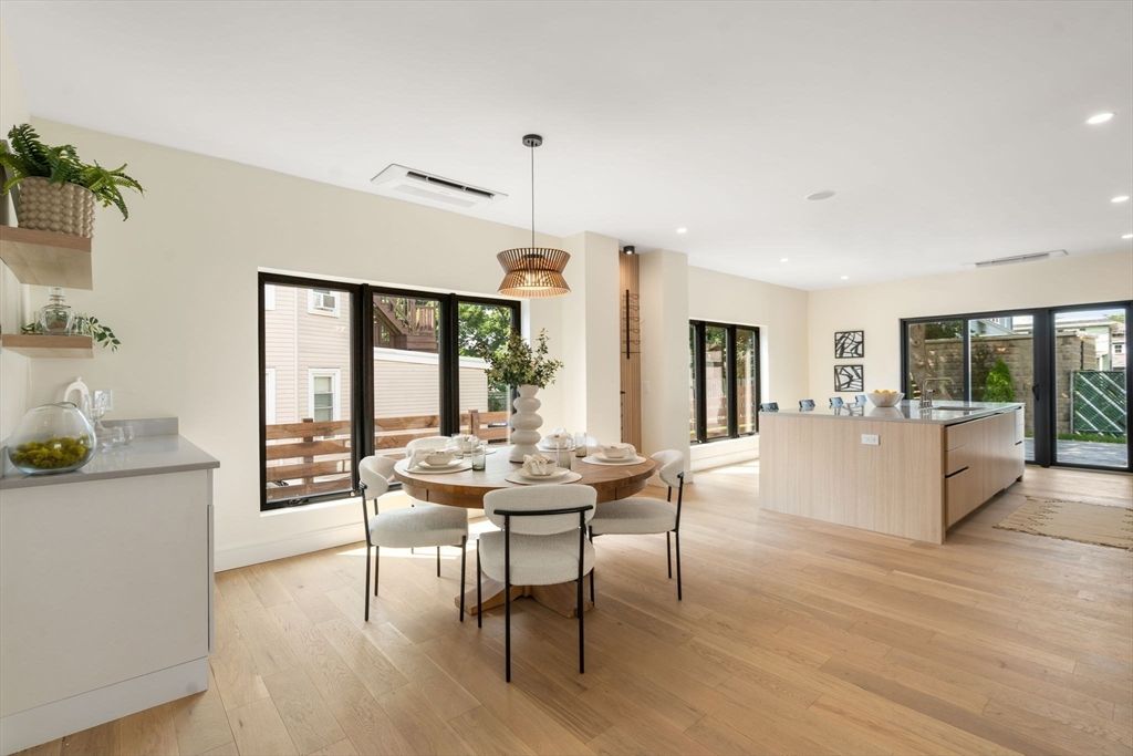 Dining room, Interior, Pendant Lights, Recessed Lighting, Wood Texture Flooring