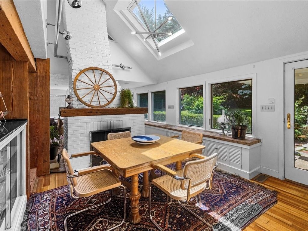Dining room, Fireplace, Interior, Stone Walls, Wood Texture Flooring