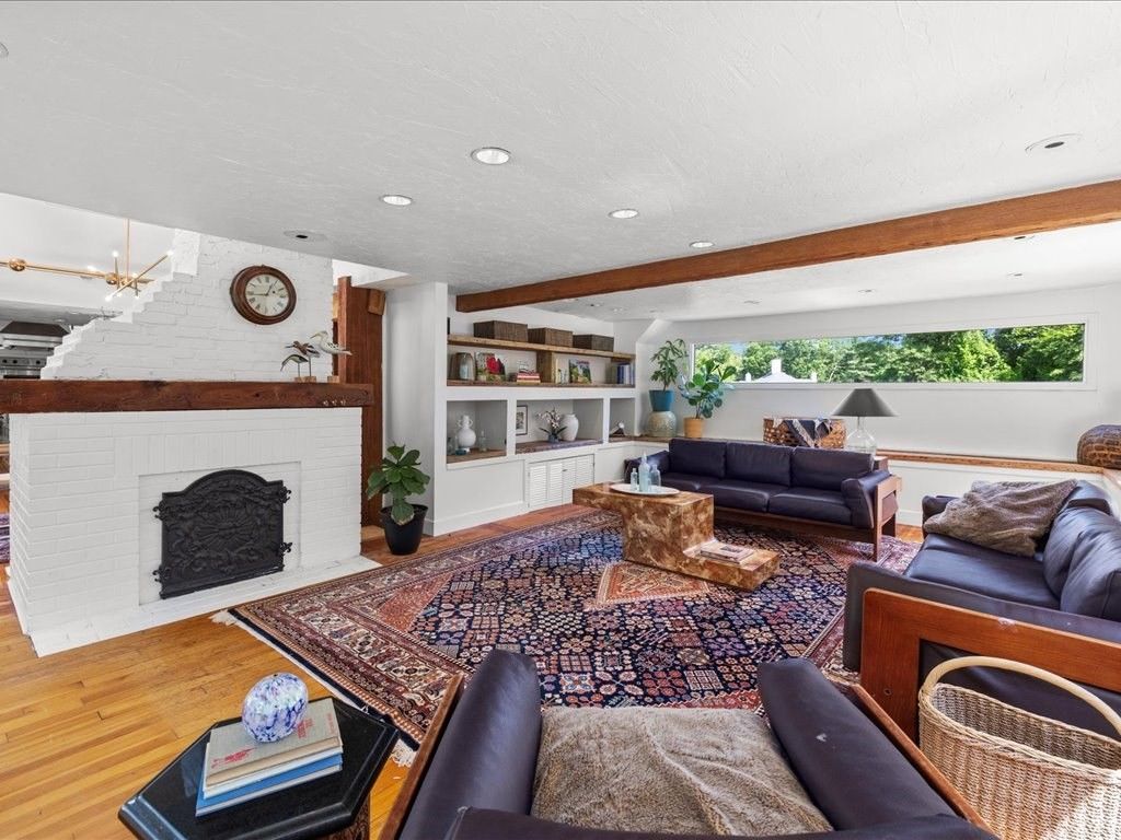 Fireplace, Interior, Living room, Pendant Lights, Recessed Lighting, Stone Walls, Wooden Beams, Wood Texture Flooring