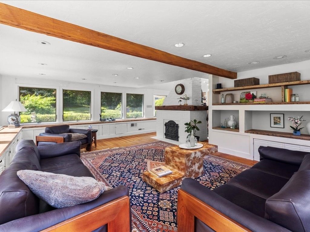 Fireplace, Interior, Living room, Recessed Lighting, Stone Walls, Wooden Beams, Wood Texture Flooring