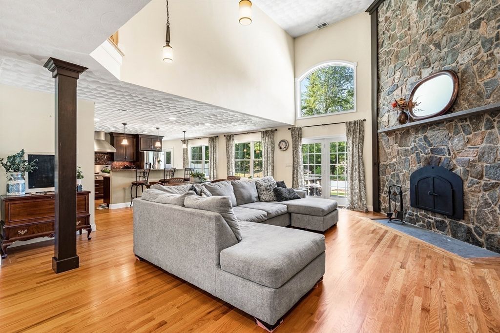 Fireplace, Interior, Kitchen, Living room, Pendant Lights, Stone Walls, Wood Texture Flooring