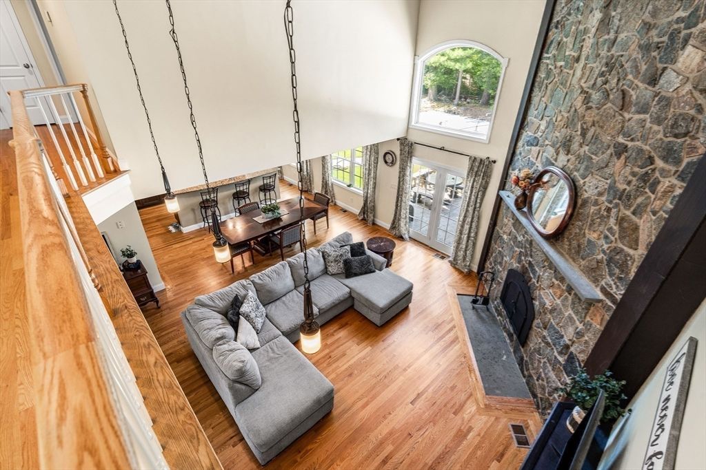 Dining room, Fireplace, Interior, Living room, Pendant Lights, Wood Texture Flooring